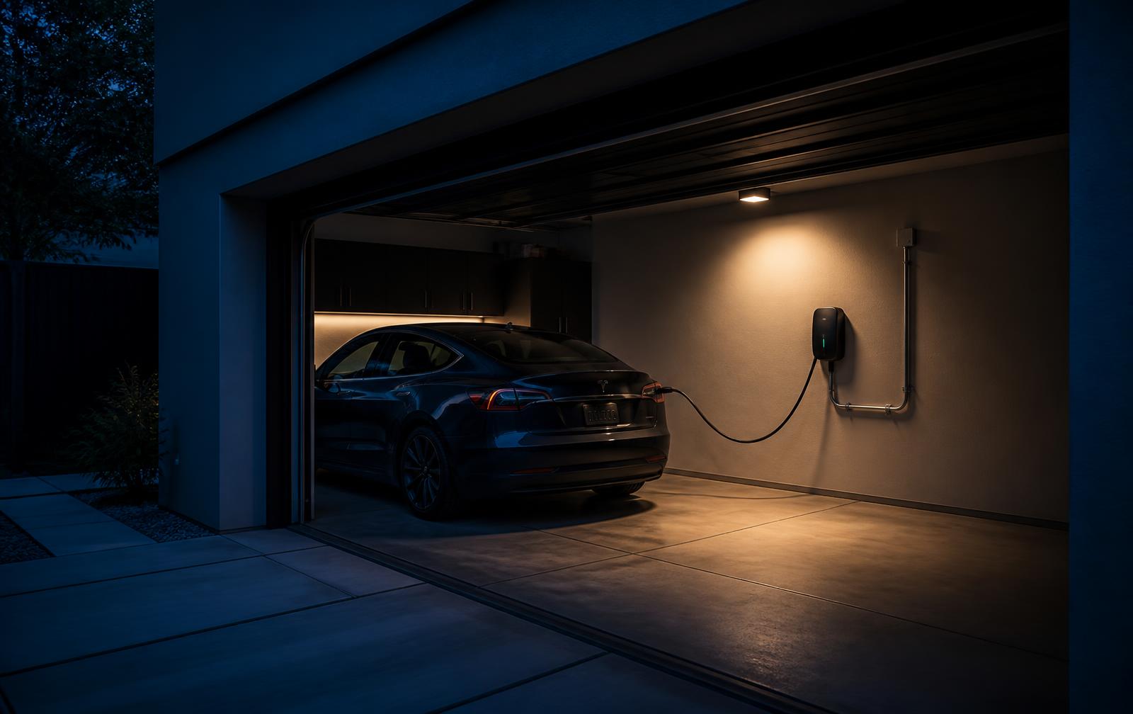 Level 2 EV charger installed on a clean garage wall at blue hour