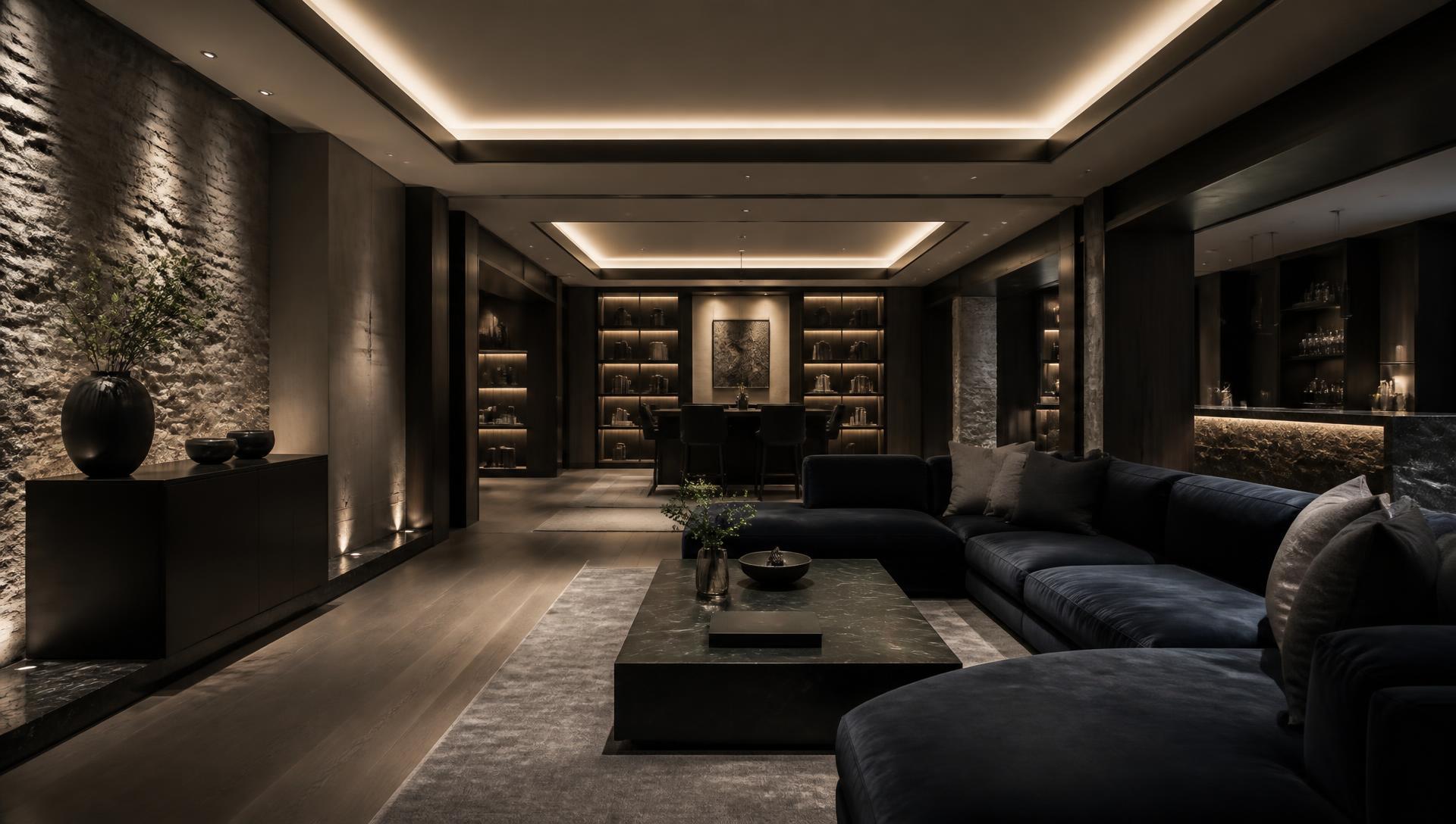 Finished high-end basement lounge with architectural cove lighting